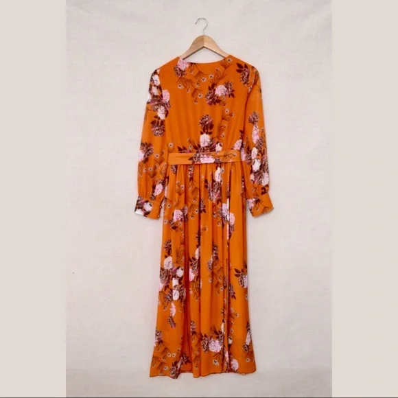 Orange Floral, V-Neck Maxi Dress - Picture 7 of 14